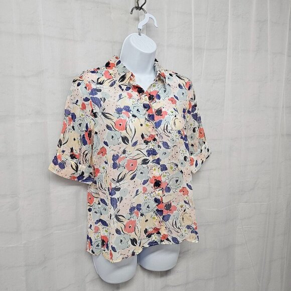 Chaps Pink Blue Floral Blouse Sheer Cottagecore Coquette Romantic M - Picture 5 of 11